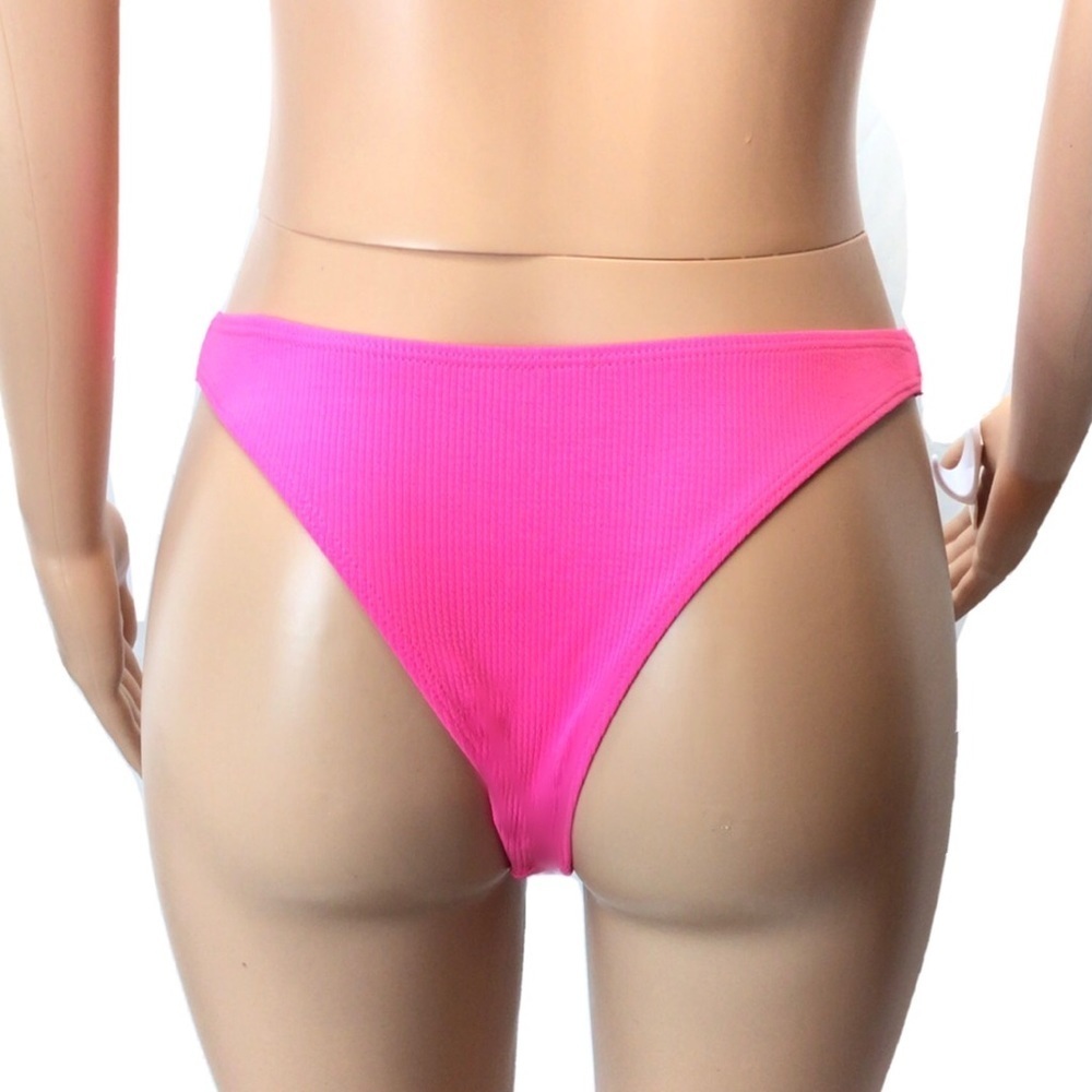 NWOT Pink Ribbed High Cut Cheeky Bikini Bottoms - Picture 3 of 7